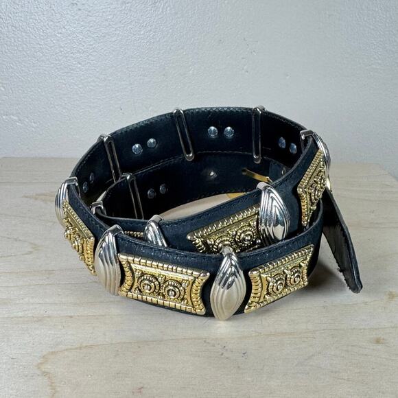 Nanni Vtg Women’s Belt Concho Black Leather 80s Made in Italy Avant Garde Glam - Picture 3 of 10